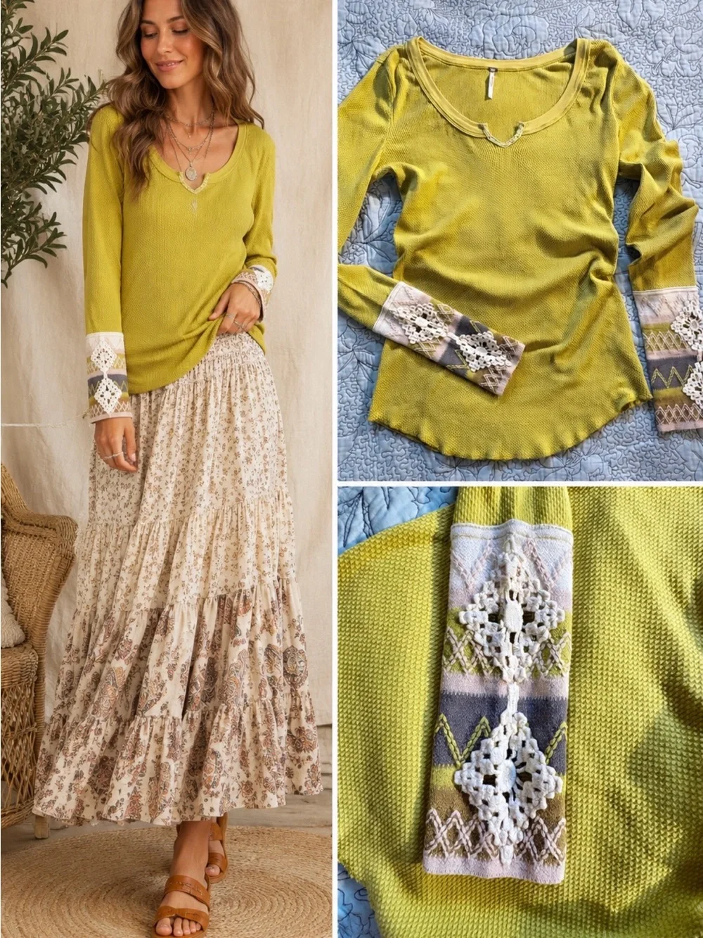 ♨️Free People Kombucha Cuff Yellow Waffle Thermal Embroidered Crochet Top Sz L💛